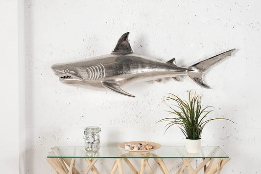 Wanddeko Haifisch 105cm SHARK silber Aluminium Maritim links