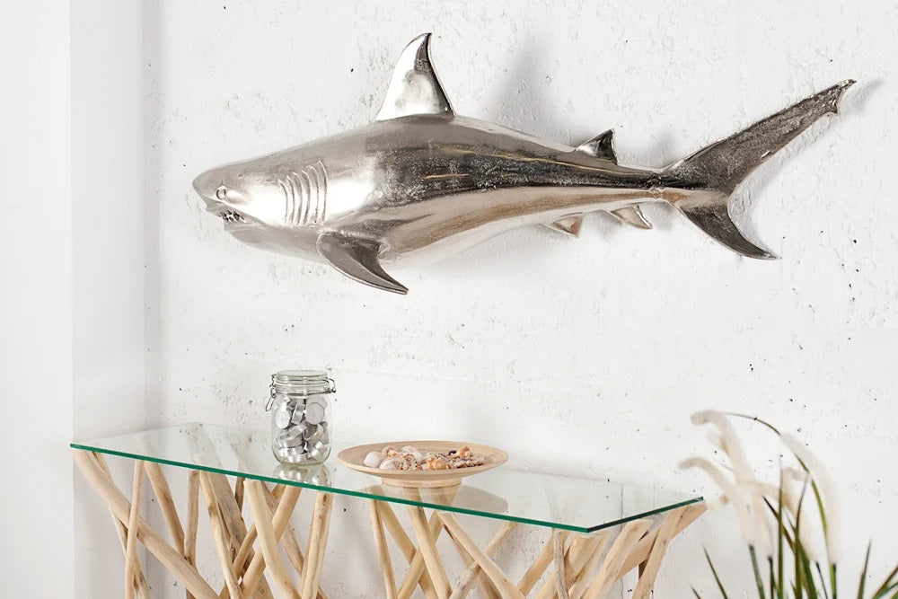 Wanddeko Haifisch 105cm SHARK silber Aluminium Maritim links