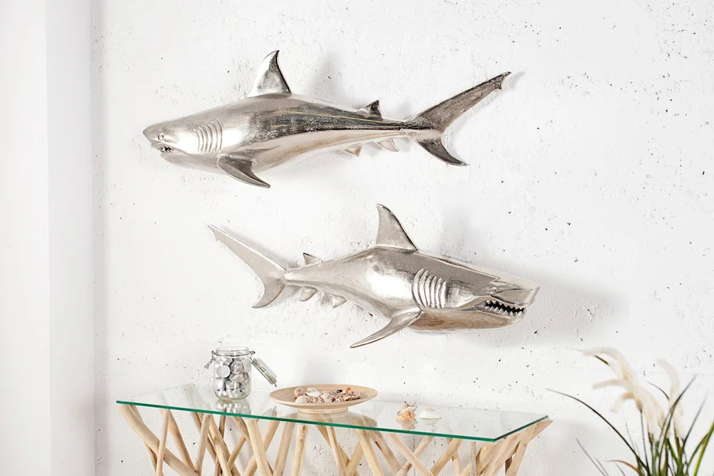 Wanddeko Haifisch 105cm SHARK silber Aluminium Maritim links