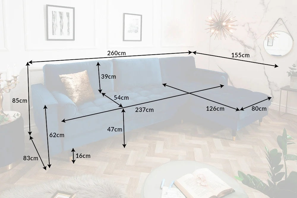 Ecksofa 260cm Ottomane beidseitig COMFORT blau Samt Federkern