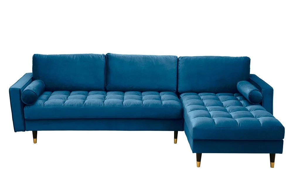 Ecksofa 260cm Ottomane beidseitig COMFORT blau Samt Federkern