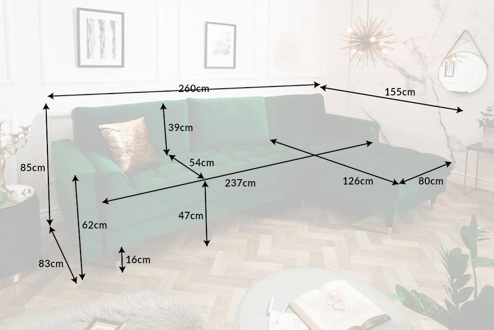 Ecksofa 260cm Ottomane beidseitig COMFORT grün Samt Federkern