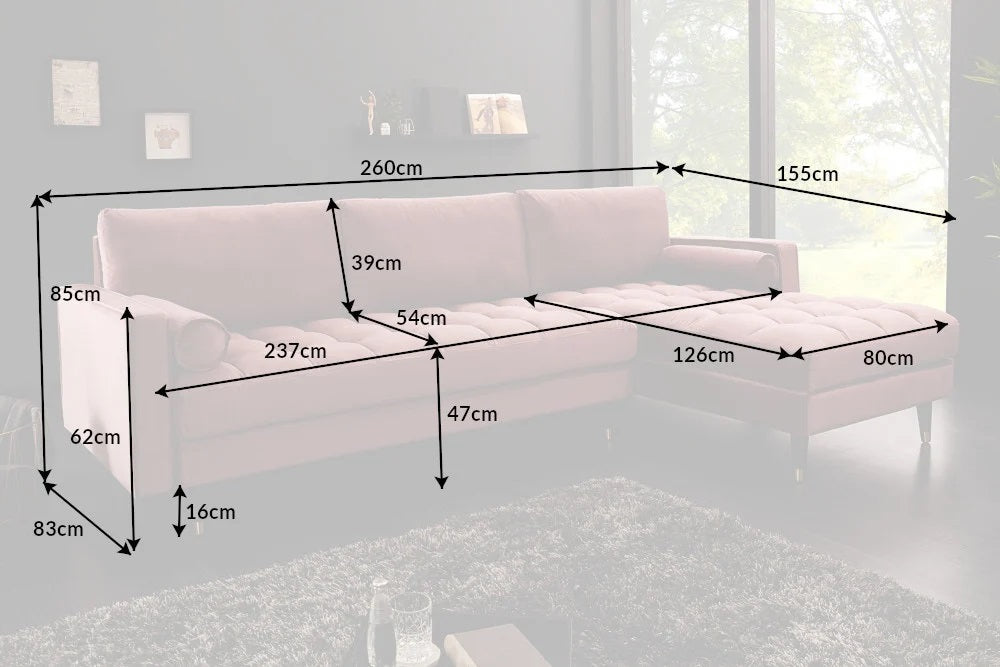 Ecksofa 260cm Ottomane beidseitig COMFORT alt-rosa Samt Federkern