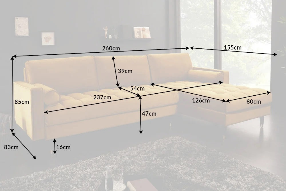 Ecksofa 260cm Ottomane beidseitig COMFORT senfgelb Samt Federkern