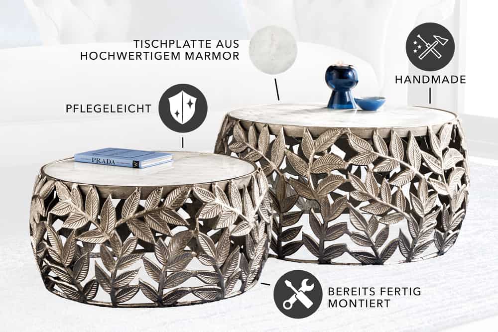 Extravagantes Couchtisch-Set RIXOS-Leaf ca.70cm Metall Marmor