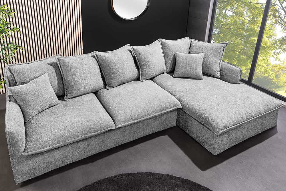 Gemütliches Hussen-Ecksofa PARADISO 255cm Bouclé grau Federkern