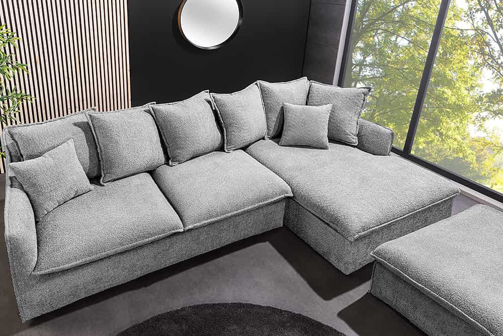 Gemütliches Hussen-Ecksofa PARADISO 255cm Bouclé grau Federkern