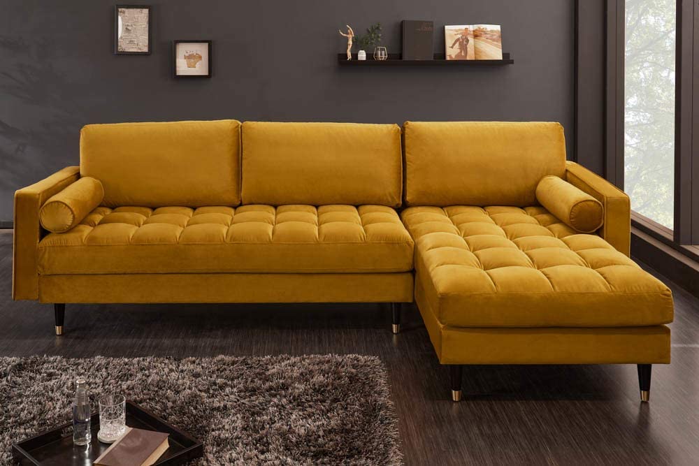 Ecksofa 260cm Ottomane beidseitig COMFORT senfgelb Samt Federkern