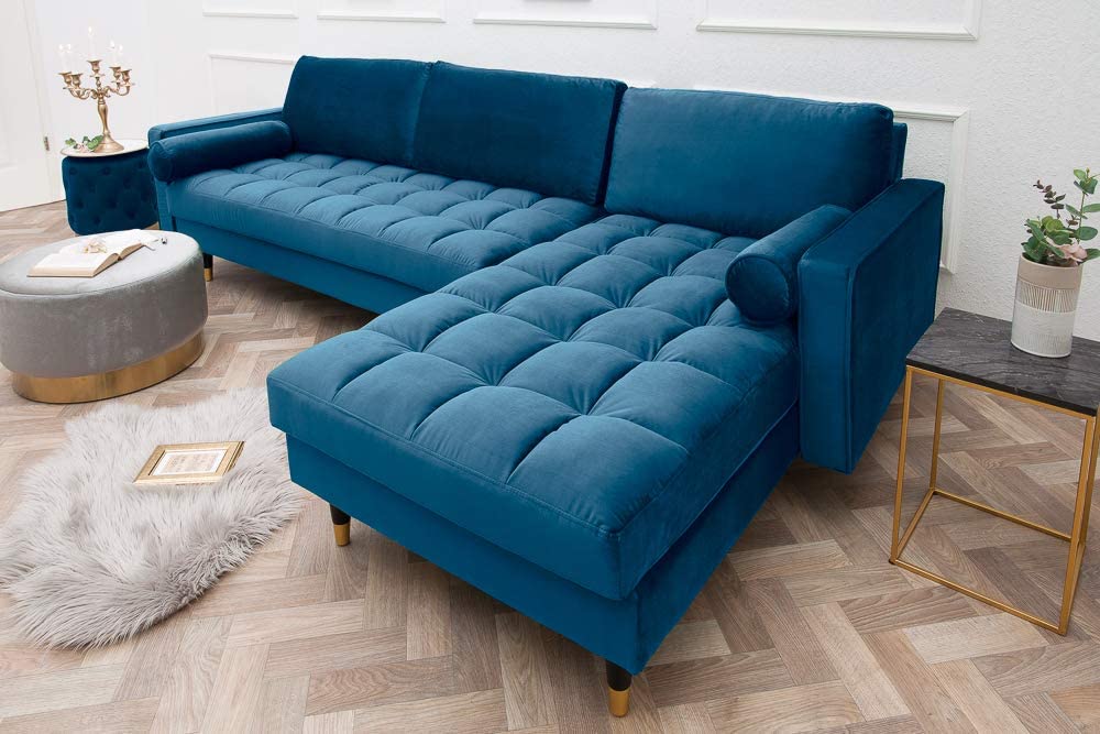 Ecksofa 260cm Ottomane beidseitig COMFORT blau Samt Federkern