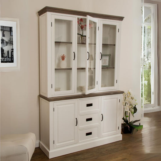 Edler Landhaus Vitrinenschrank 3 Türen CHALET 208cm weiss-braun