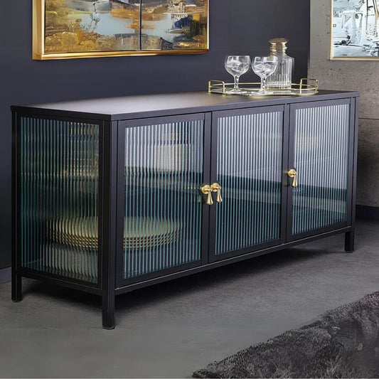 Modernes Vitrinen-Sideboard TRIADO 105cm schwarz Metall Riffelglas