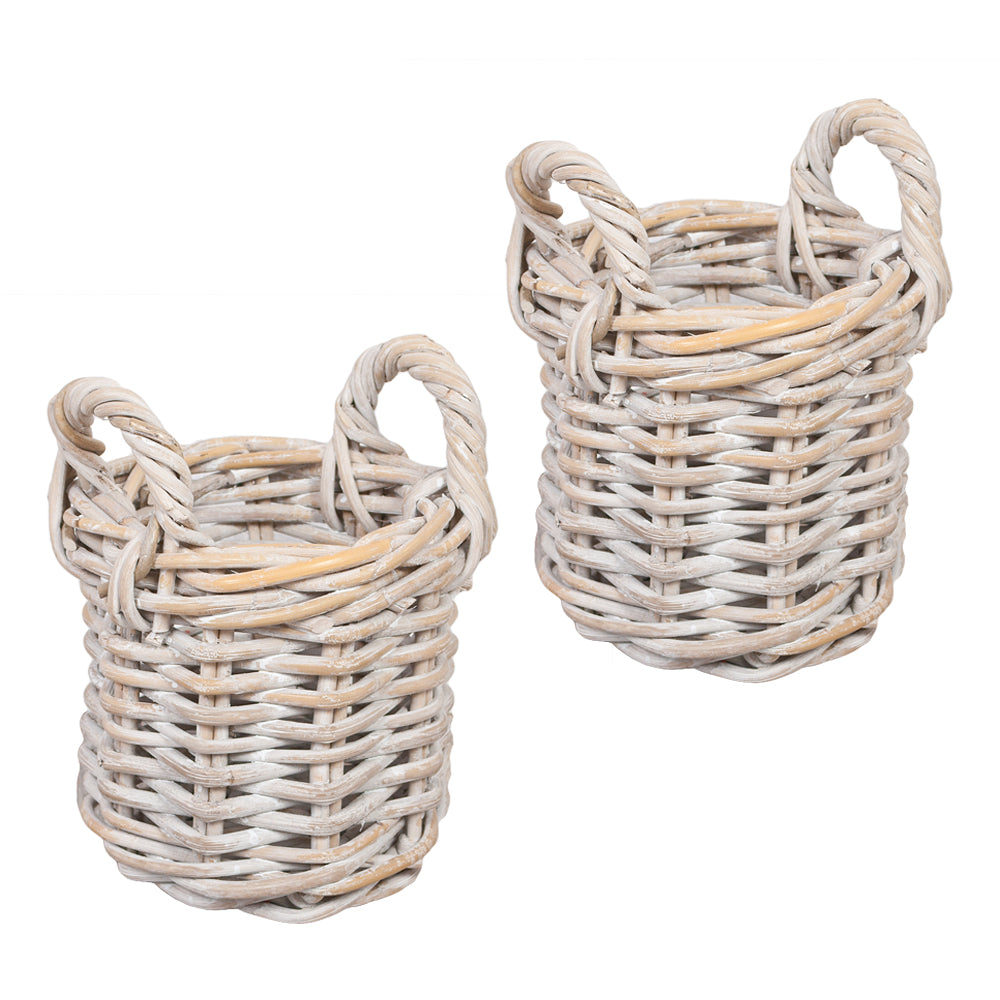 2er Set Rattankorb BAKUL rund White-Wash ca. 20cm