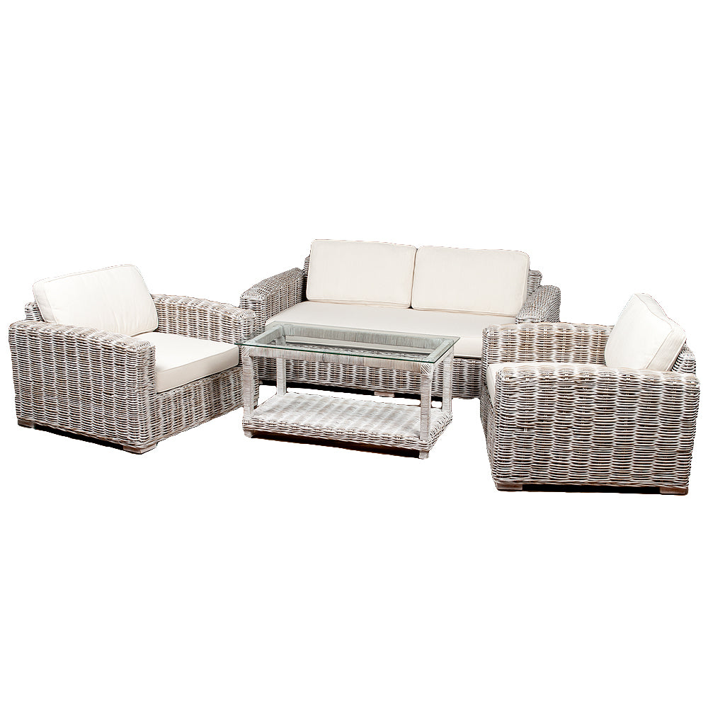 4tlg. Loungemöbel-Set Sitzgruppe LIVING Rattan White Wash