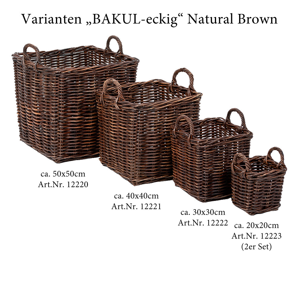 Rattankorb BAKUL eckig Natural Brown 50x50cm mit Griffen