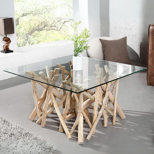 Einzigartiger Teakholz Couchtisch DRIFT Natural Glasplatte 80cm