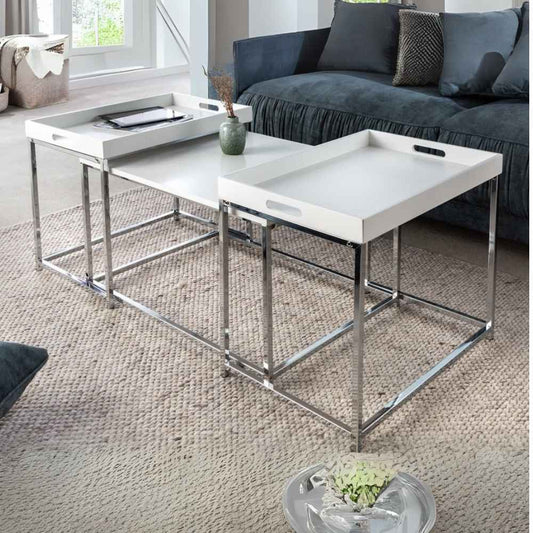 Lounge 3er Couchtisch-Set MENTO weiss abnehmbare Tabletts 75cm Chrom