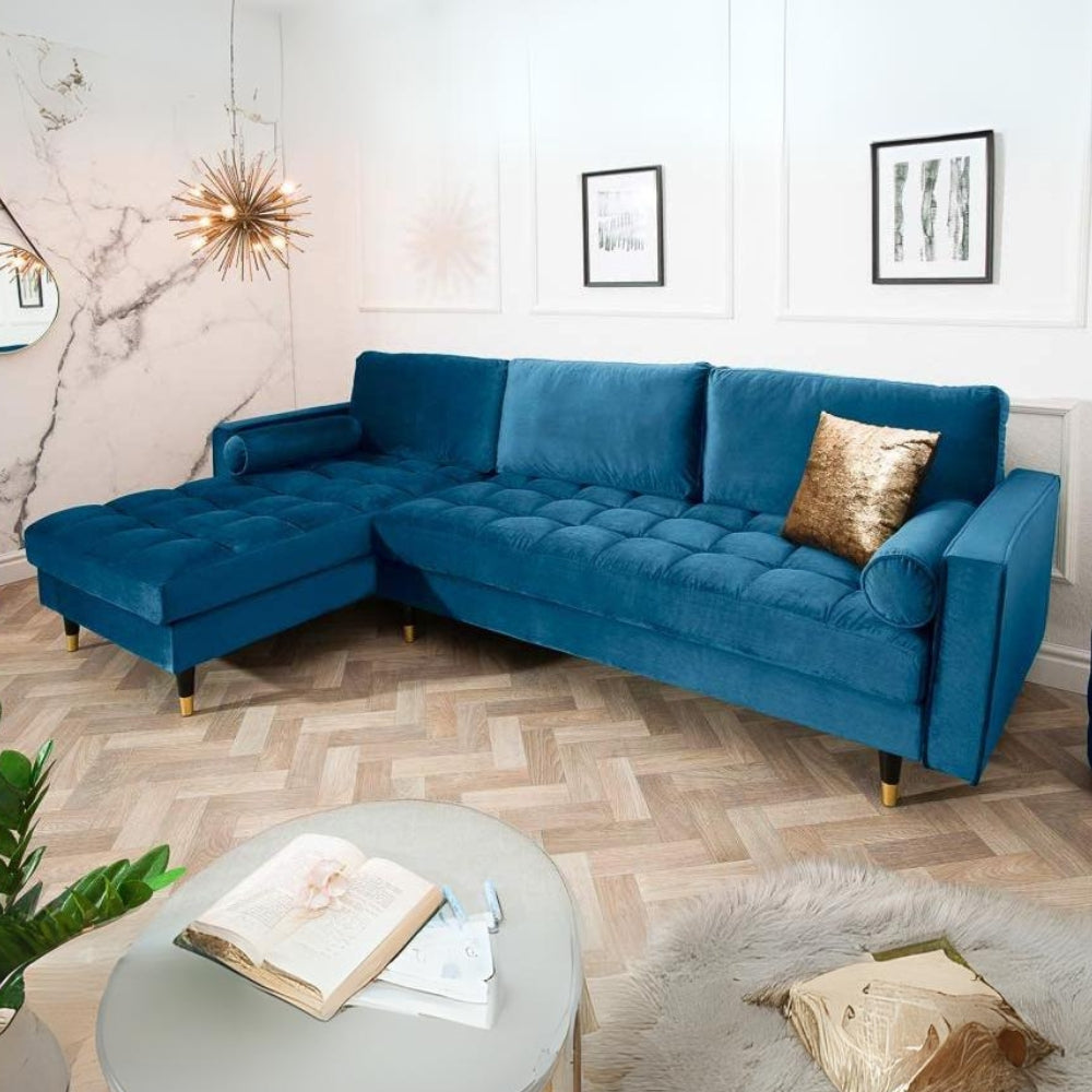 Ecksofa 260cm Ottomane beidseitig COMFORT blau Samt Federkern