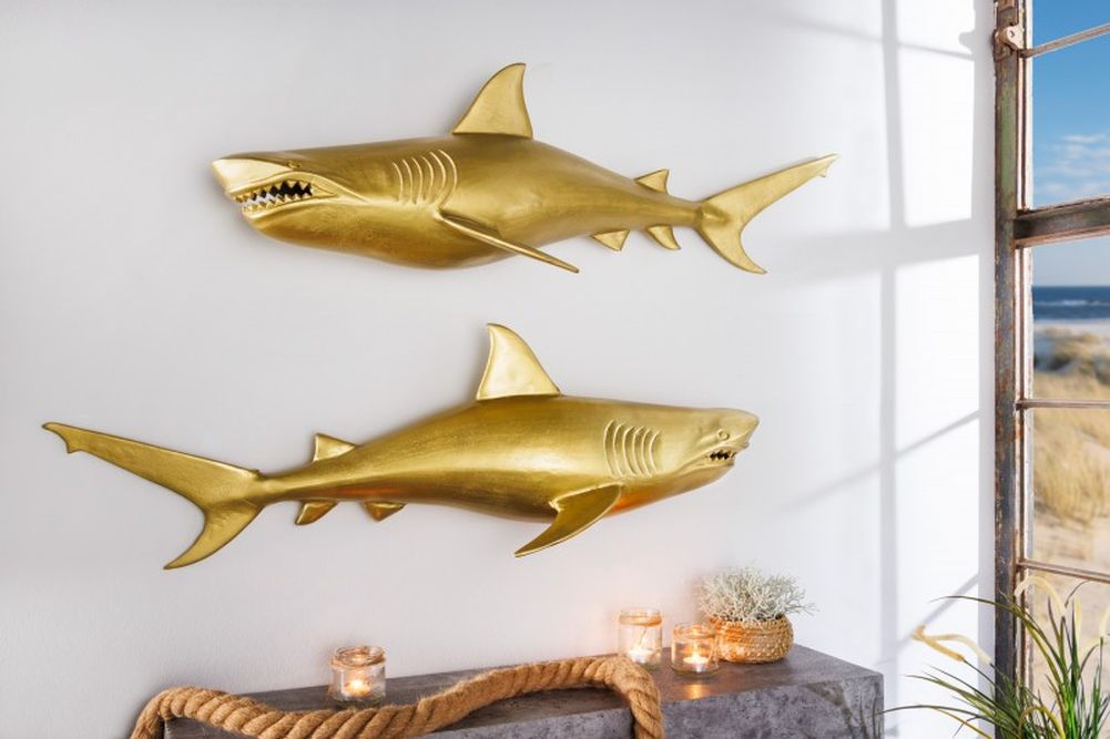 Wanddeko 2er Set Haifisch 70cm SHARK gold Aluminium Maritim