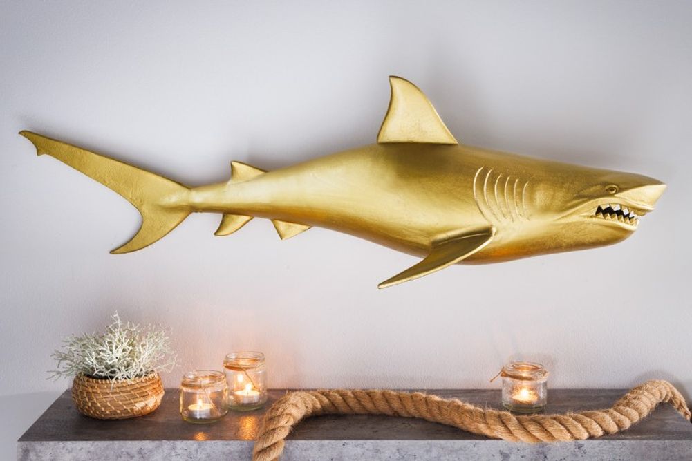 Wanddeko Haifisch 105cm SHARK gold Aluminium Maritim rechts