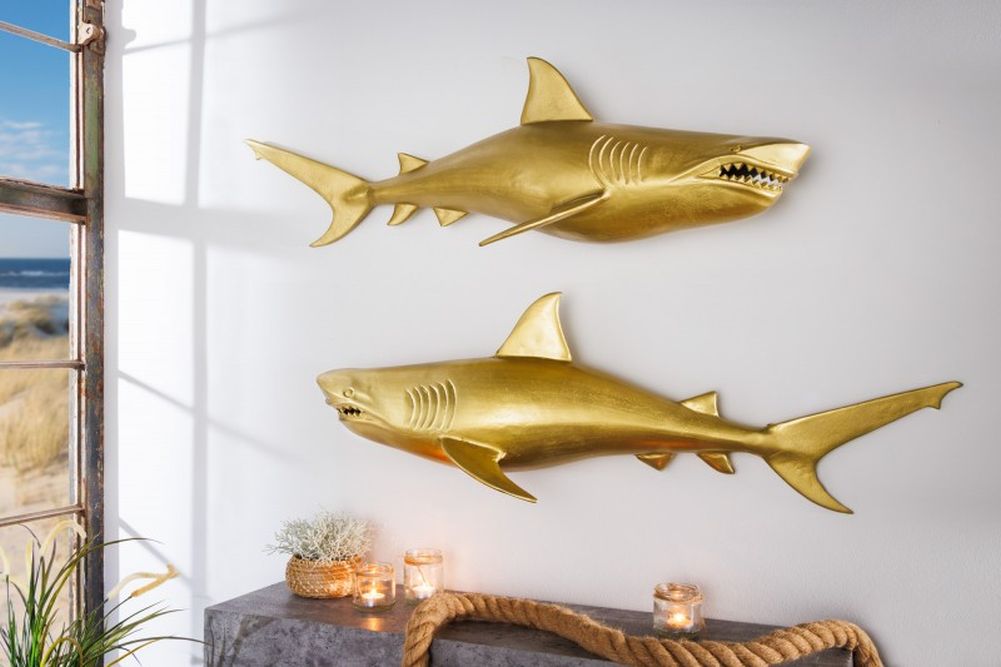 Wanddeko 2er Set Haifisch 70cm SHARK gold Aluminium Maritim