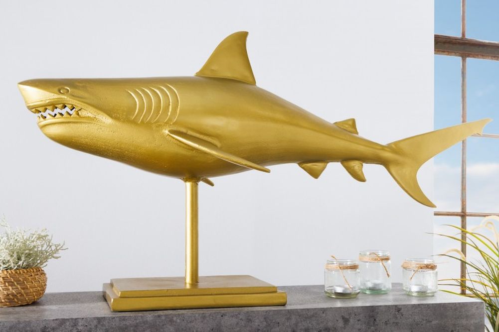 Deko-Figur Haifisch 103cm SHARK gold Aluminium Maritim Hai Skulptur